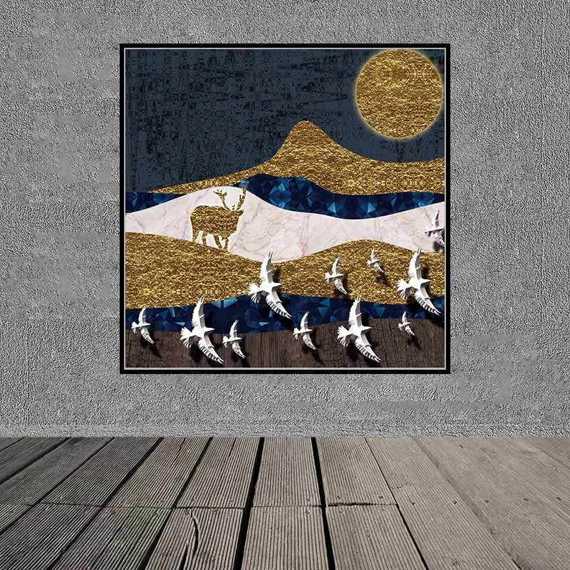 Tranh đàn chim và núi đồi vàng trừu tượng