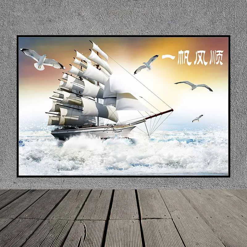 Tranh phong thủy thuận buồm xuôi gió, thuyền buồm vượt sóng cùng đàn chim hải âu