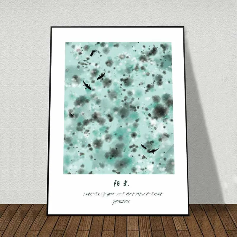 tranh trừu tượng hình chữ nhật, hình tròn và hình tam giác và đàn cá chép