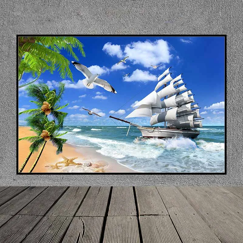 Tranh phong thủy thuận buồm xuôi gió, tranh thuyền buồm và đàn chim hải âu