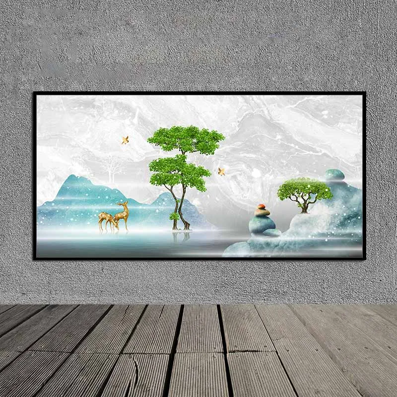 Tranh phong thủy 2 con nai vàng đứng cạnh cây xanh, phía trên có 2 con chim vàng