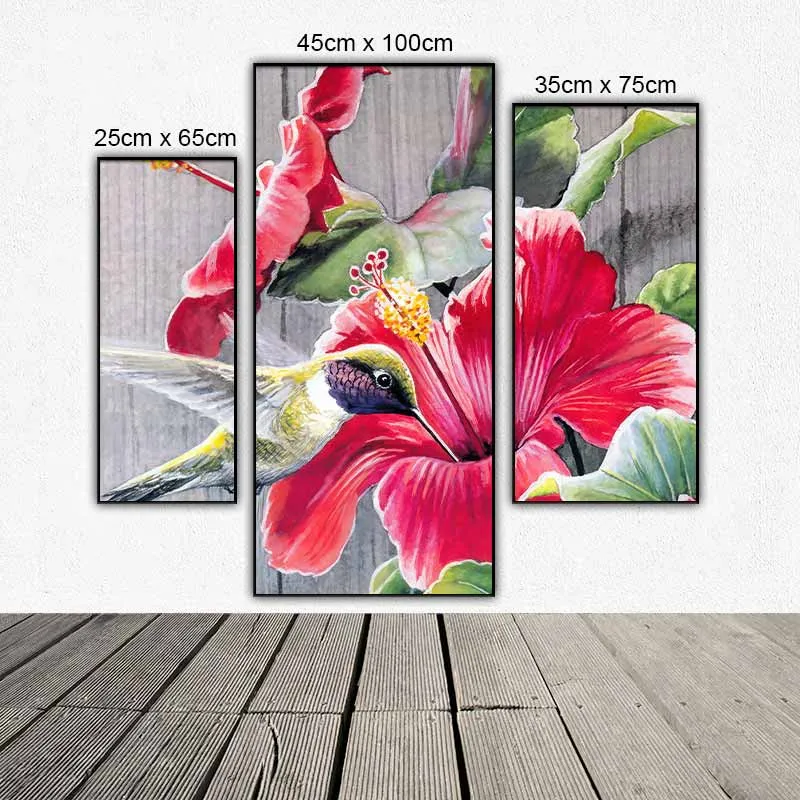 Tranh bộ 3 tấm ghép chim và hoa