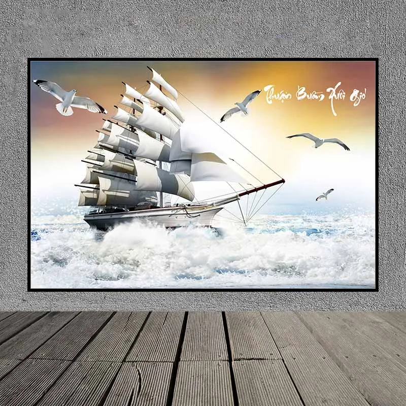 Tranh phong thủy thuận buồm xuôi gió, thuyền buồm vượt sóng cùng đàn chim hải âu