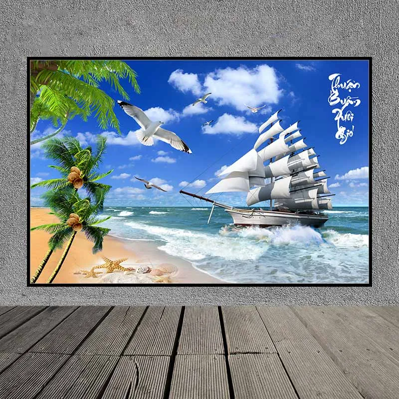 Tranh phong thủy thuận buồm xuôi gió, tranh thuyền buồm và đàn chim hải âu