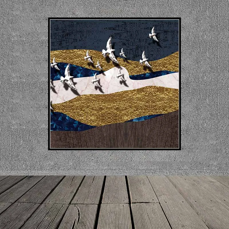 Tranh đàn chim và núi đồi vàng trừu tượng