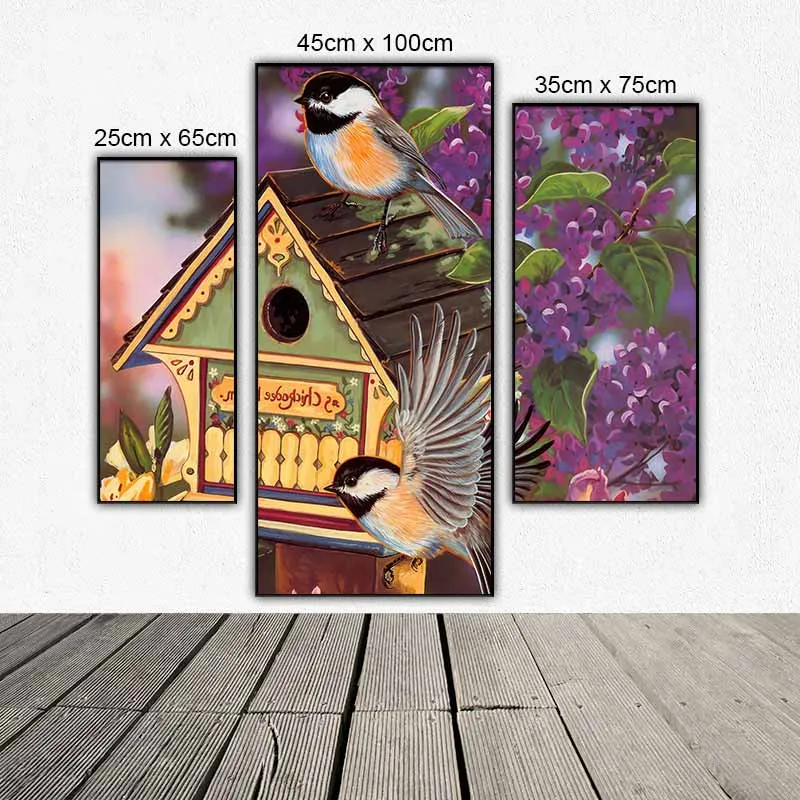 Tranh bộ 3 tấm ghép chim và hoa