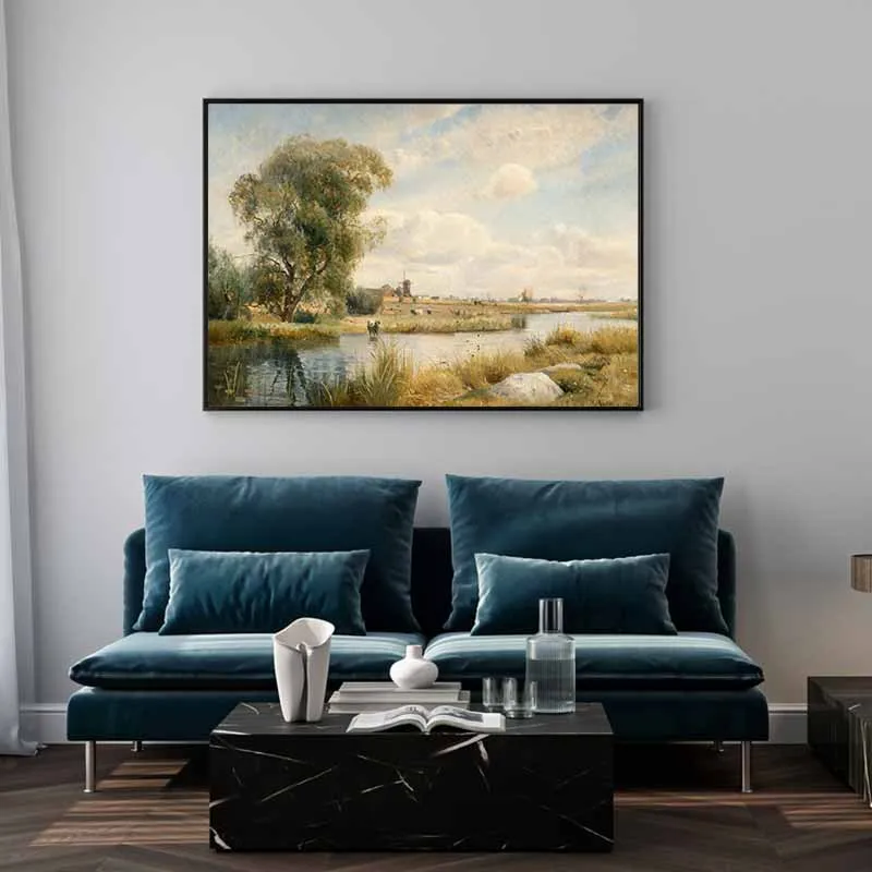 Tranh phong cảnh hồ nước và đồng cỏ