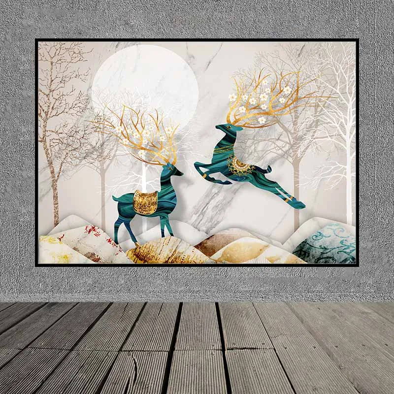 Tranh 2 con hươu nai trên nền cây khô trừu tượng