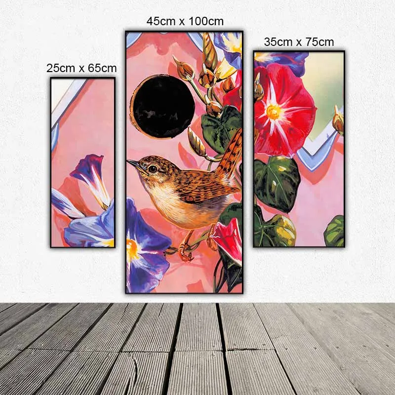 Tranh bộ 3 tấm ghép chim và hoa