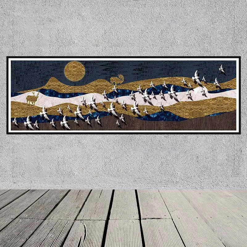 Tranh đàn chim và núi đồi vàng trừu tượng