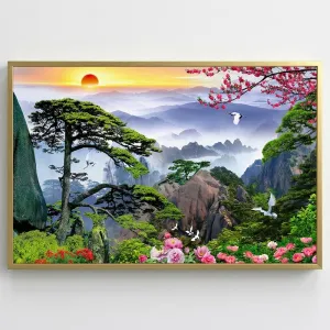 Tranh Canvas Sơn Thủy Hữu Tình: Tùng Hạc Diên Niên Và Cảnh Sắc Thiên Nhiên Hùng Vĩ