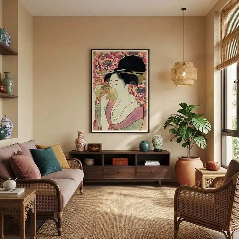 Ứng dụng tranh canvas Ukiyo-e treo tường phòng khách phong cách Japandi