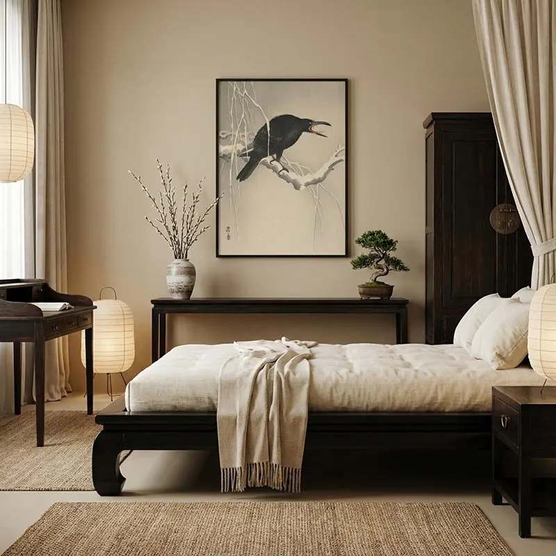 Tranh Ohara Koson vẽ chim quạ trên cành thông phủ tuyết phong cách Nhật Bản.