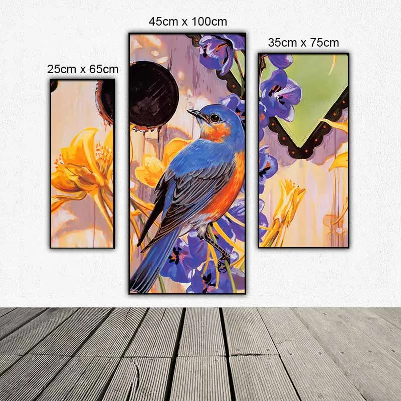 Tranh bộ 3 tấm ghép chim và hoa