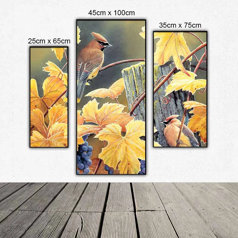 Tranh bộ 3 tấm ghép chim và hoa