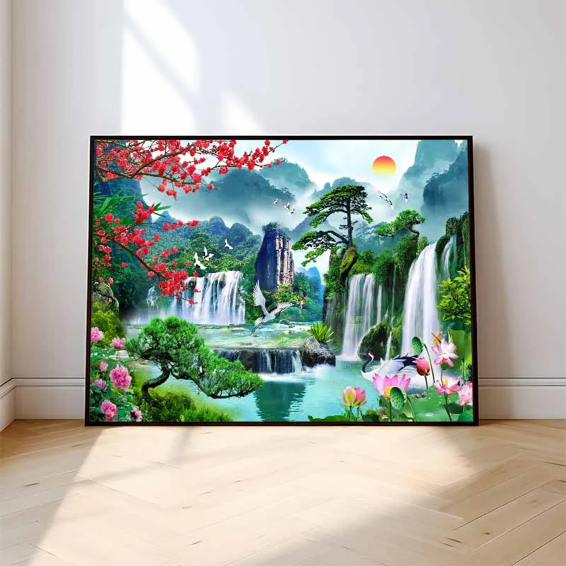 Tranh Canvas Phong Thủy: Sơn Thủy - Tùng Hạc