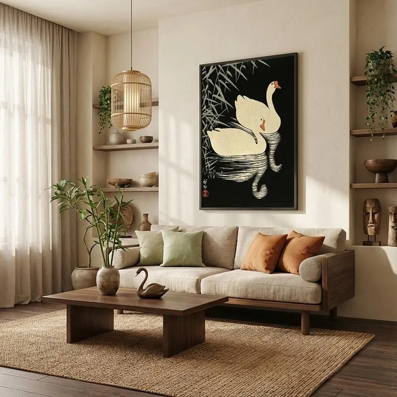 Tranh canvas đôi chim thiên nga của họa sĩ Ohara Koson trang trí phòng khách.