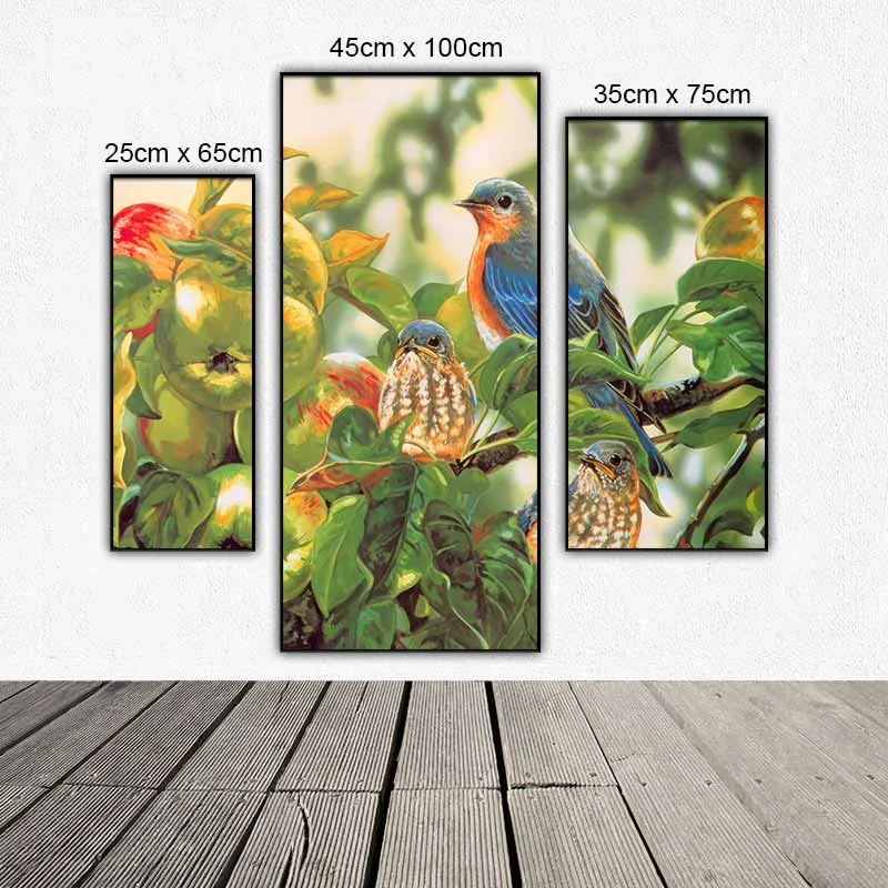Tranh bộ 3 tấm ghép chim và hoa