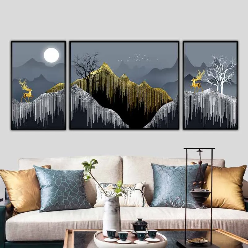 Tranh 2 con nai vàng đứng trên đồi núi trừu tượng