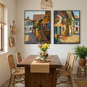 Tranh Bộ 2 Tấm In Canvas Phong Cảnh Góc Phố Châu Âu Cổ Điển
