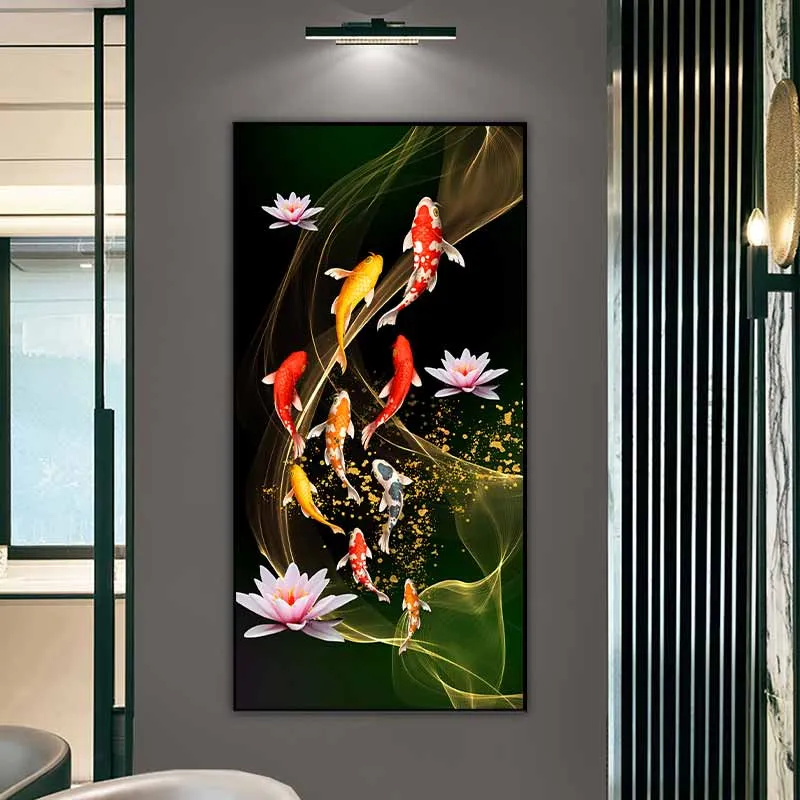 Tranh cá chép cửu ngư bơi theo luồng sáng và hoa sen hồng