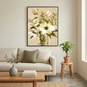 Tranh Canvas Bình Hoa Hải Quỳ và Tulip Màu Kem Cổ Điển