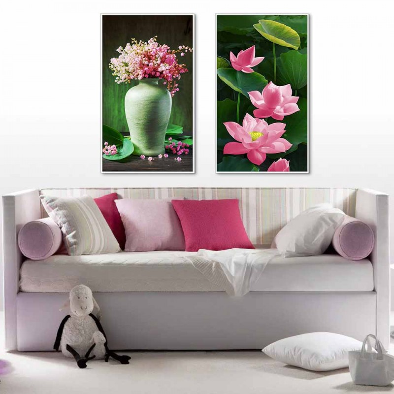 Tranh canvas bình hoa và hoa sen hồng và hoa sen trắng