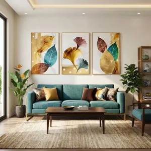Tranh Canvas Bộ 3 Tấm Nghệ Thuật Trừu Tượng Lá Cây Và Lá Rẻ Quạt Vàng Kim Hiện Đại