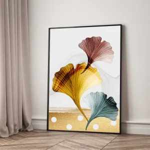 Tranh Canvas Bộ 3 Tấm Nghệ Thuật Trừu Tượng Lá Cây Và Lá Rẻ Quạt Vàng Kim Hiện Đại