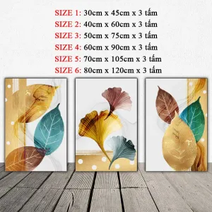 Tranh Canvas Bộ 3 Tấm Nghệ Thuật Trừu Tượng Lá Cây Và Lá Rẻ Quạt Vàng Kim Hiện Đại