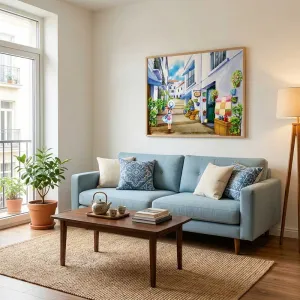 Tranh Canvas Cô Gái Đi Dạo Dưới Nắng Hè Khu Phố Châu Âu