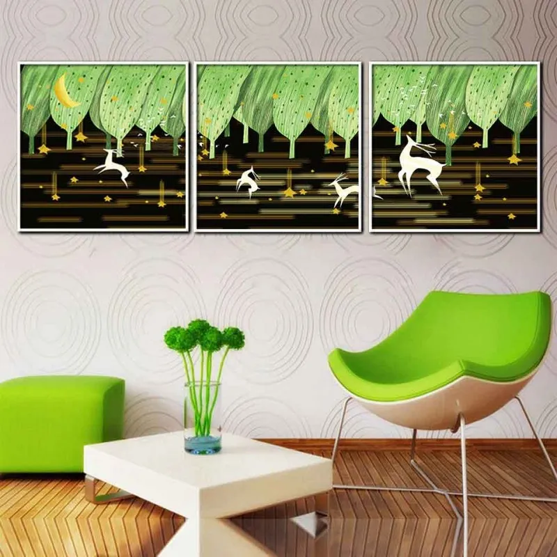 Tranh canvas đàn hươu và rừng cây trừu tượng
