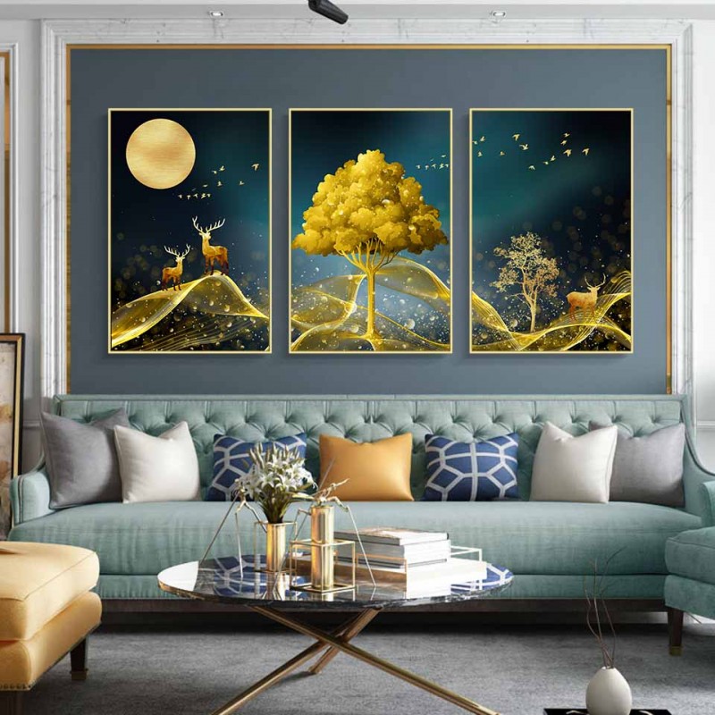 Tranh canvas đàn nai bên cây vàng dưới trăng trừu tượng