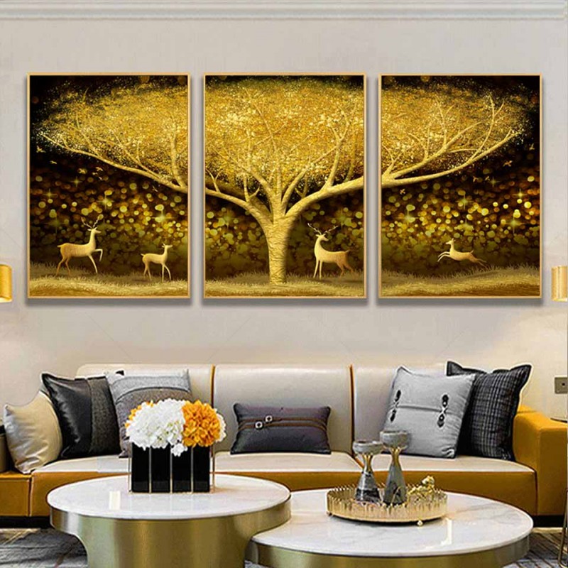 Tranh canvas đàn nai và rừng cây vàng trừu tượng