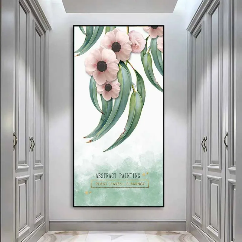 Tranh canvas hoa kết hợp chữ Abstract Painting Plant Leaves Flamingo