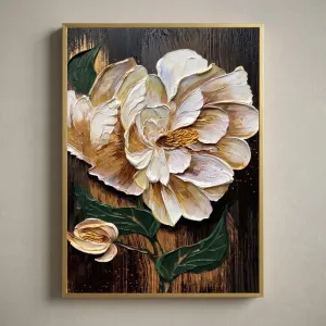 Tranh Canvas Hoa Mẫu Đơn Trắng Vàng 3D Sang Trọng - Nghệ Thuật Đắp Nổi Hiện Đại