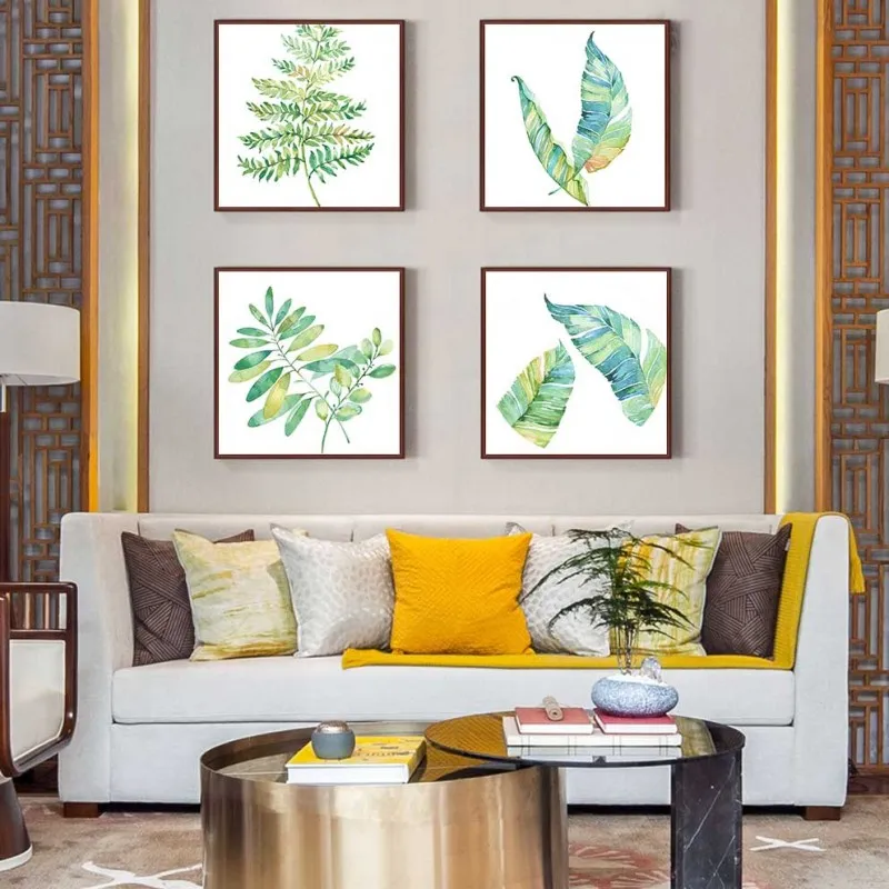 Tranh canvas lá cây màu nước khung vuông