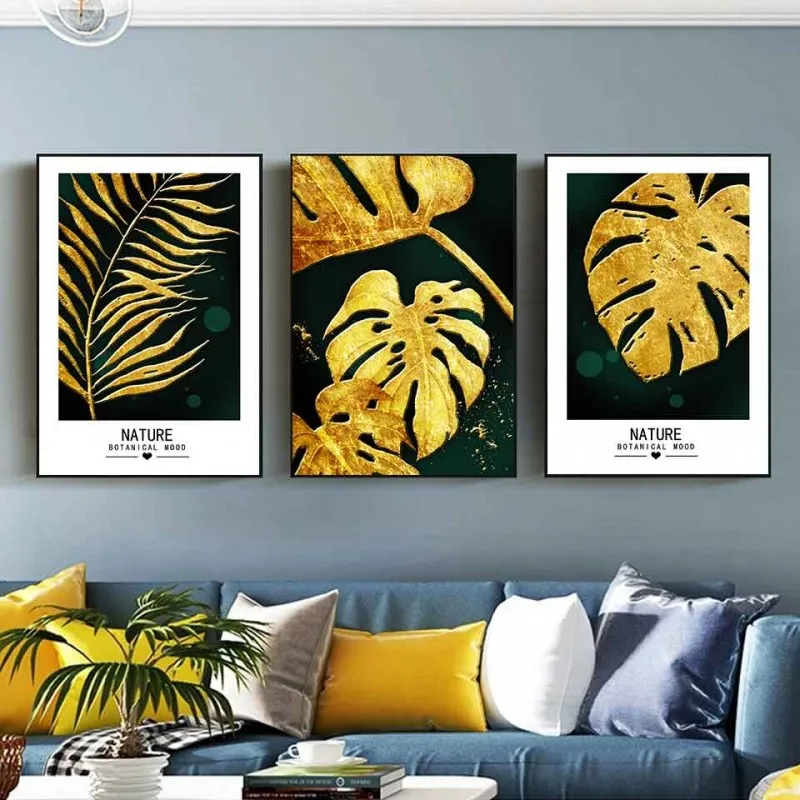 Tranh canvas lá cây nhiệt đới vàng gold