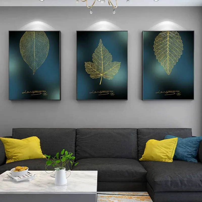 Tranh canvas lá cây trừu tượng vàng nền xanh