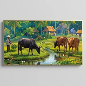 Tranh Canvas Làng Quê Việt Nam - Cảnh Đồng Quê Chăn Trâu Bên Dòng Suối