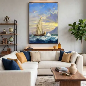 Tranh Canvas Phong Cảnh Biển Thuyền Buồm Vượt Sóng Đón Bình Minh Đẹp Nghệ Thuật