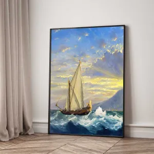 Tranh Canvas Phong Cảnh Biển Thuyền Buồm Vượt Sóng Đón Bình Minh Đẹp Nghệ Thuật