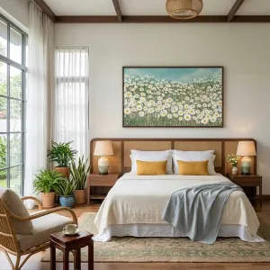 Tranh Canvas Phong Cảnh: Cánh Đồng Cúc Họa Mi Dưới Bầu Trời Xanh