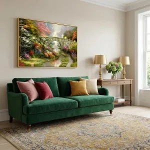 Tranh Canvas Phong Cảnh Cây Cầu Đá Và Vườn Hoa Thần Tiên Lãng Mạn