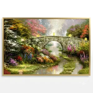 Tranh Canvas Phong Cảnh Cây Cầu Đá Và Vườn Hoa Thần Tiên Lãng Mạn