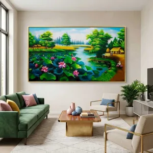 Tranh Canvas Phong Cảnh Làng Quê Việt Nam Và Đầm Sen Bình Yên