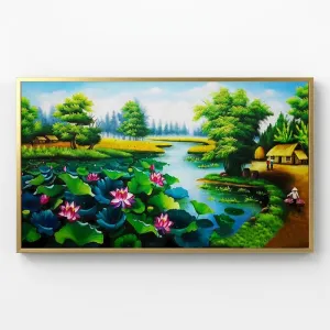 Tranh Canvas Phong Cảnh Làng Quê Việt Nam Và Đầm Sen Bình Yên