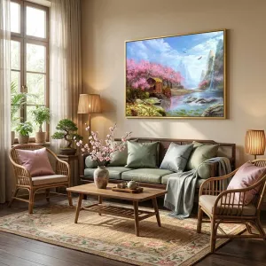 Tranh Canvas Phong Cảnh Mùa Xuân Hoa Anh Đào Và Thác Nước Thơ Mộng