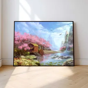 Tranh Canvas Phong Cảnh Mùa Xuân Hoa Anh Đào Và Thác Nước Thơ Mộng