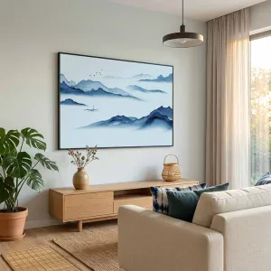 Tranh Canvas Phong Cảnh Thuyền Và Núi Sương Mù Thủy Mặc Màu Xanh Dương